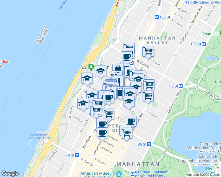 map of restaurants, bars, coffee shops, grocery stores, and more near 250 West 90th Street in New York