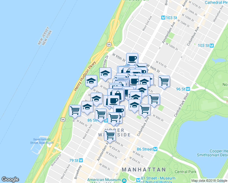 map of restaurants, bars, coffee shops, grocery stores, and more near 250 West 90th Street in New York