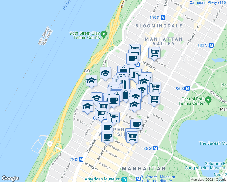 map of restaurants, bars, coffee shops, grocery stores, and more near 250 West 90th Street in New York