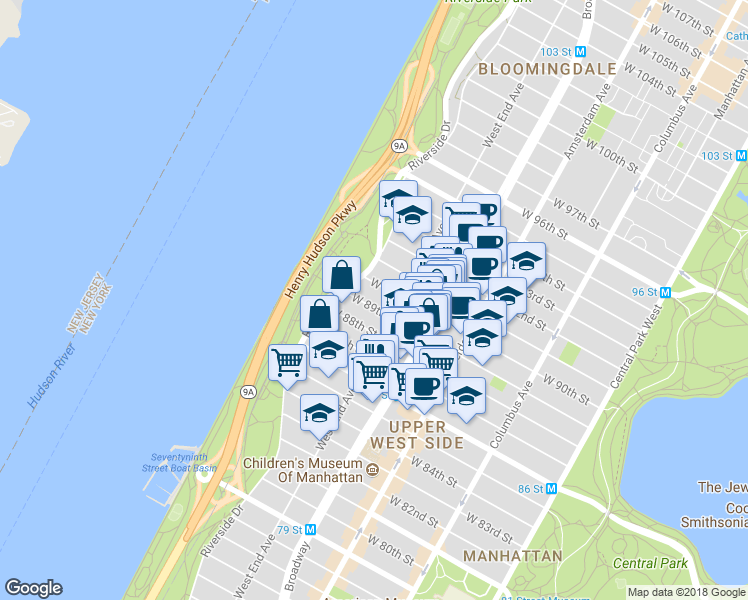 map of restaurants, bars, coffee shops, grocery stores, and more near 304 West 89th Street in New York