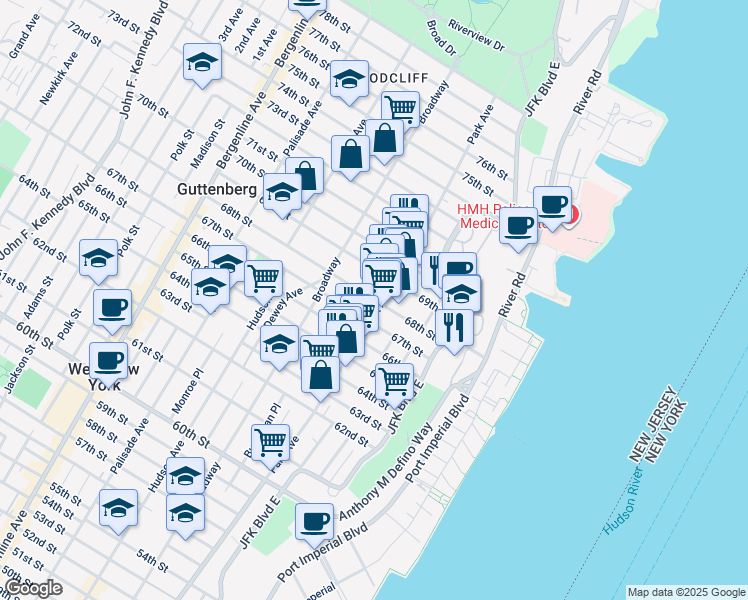 map of restaurants, bars, coffee shops, grocery stores, and more near 85 68th Street in Guttenberg
