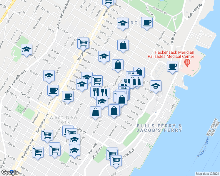 map of restaurants, bars, coffee shops, grocery stores, and more near 6600 Broadway in West New York