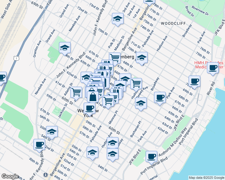 map of restaurants, bars, coffee shops, grocery stores, and more near 430 62nd Street in West New York