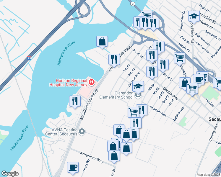 map of restaurants, bars, coffee shops, grocery stores, and more near 668 9th Street in Secaucus