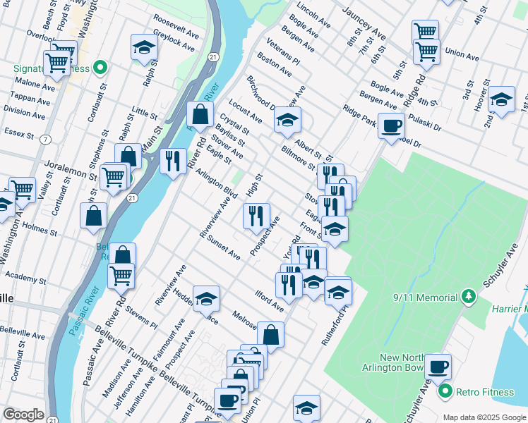 map of restaurants, bars, coffee shops, grocery stores, and more near 75 Arlington Boulevard in North Arlington