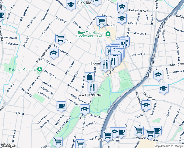 map of restaurants, bars, coffee shops, grocery stores, and more near 55 Linden Avenue in Bloomfield