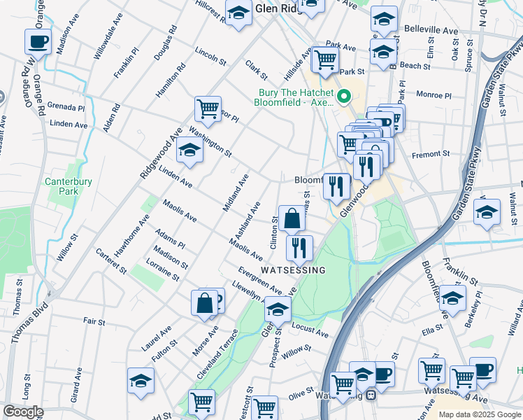 map of restaurants, bars, coffee shops, grocery stores, and more near 87 Linden Avenue in Bloomfield