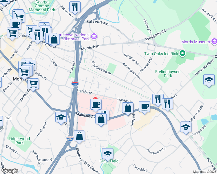 map of restaurants, bars, coffee shops, grocery stores, and more near 17 Dekalb Place in Morristown