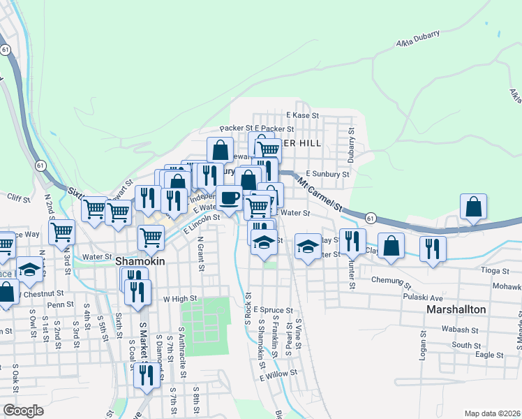 map of restaurants, bars, coffee shops, grocery stores, and more near 417 North Shamokin Street in Shamokin