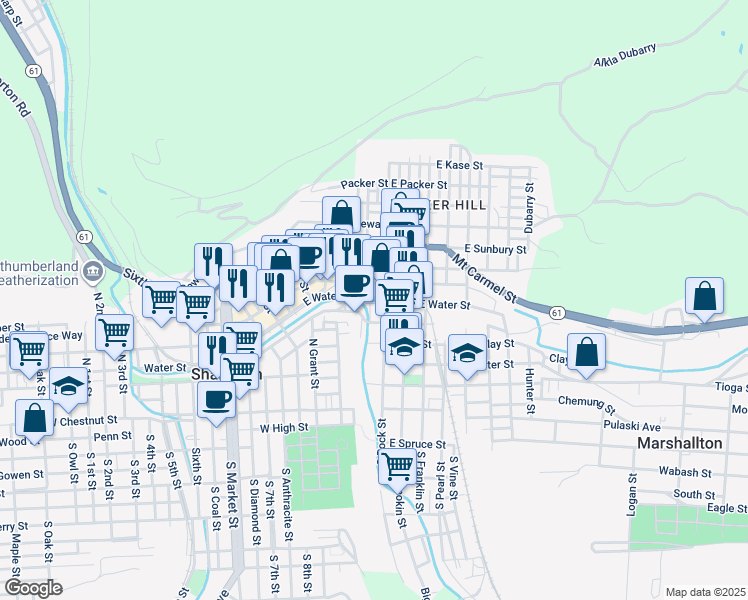 map of restaurants, bars, coffee shops, grocery stores, and more near 415 North Washington Street in Shamokin
