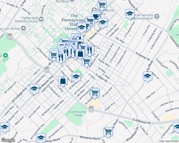 map of restaurants, bars, coffee shops, grocery stores, and more near 118 West Nittany Avenue in State College