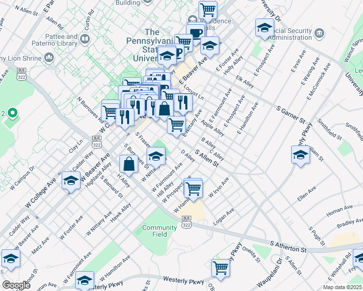map of restaurants, bars, coffee shops, grocery stores, and more near 118 West Nittany Avenue in State College