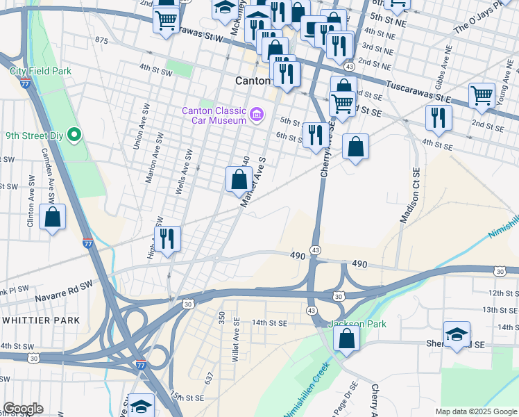 map of restaurants, bars, coffee shops, grocery stores, and more near 1000 Market Avenue South in Canton