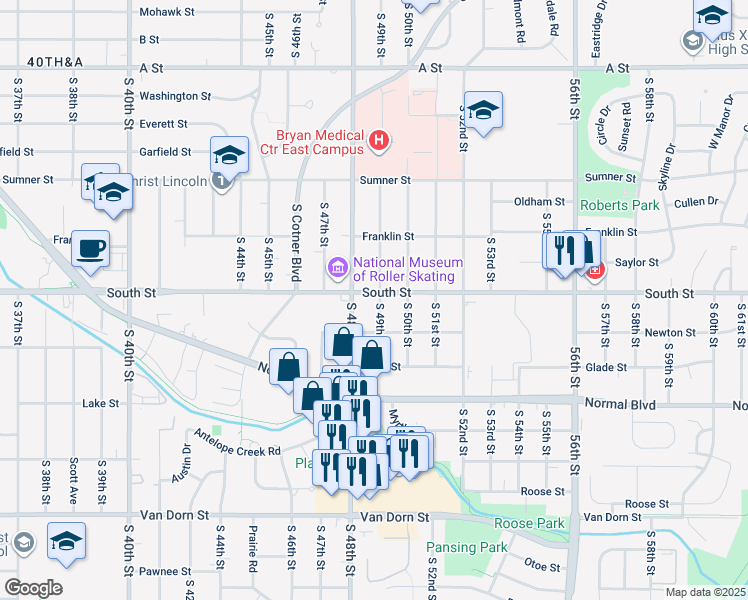 map of restaurants, bars, coffee shops, grocery stores, and more near 2126 South 49th Street in Lincoln