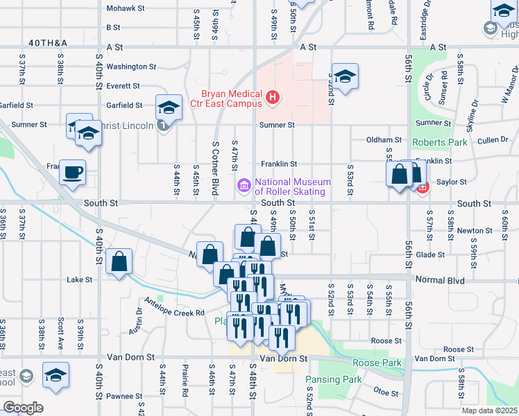 map of restaurants, bars, coffee shops, grocery stores, and more near 2125 South 48th Street in Lincoln