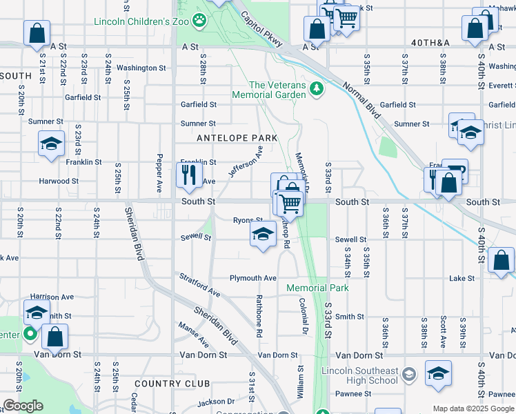 map of restaurants, bars, coffee shops, grocery stores, and more near 3150 Ryons Street in Lincoln