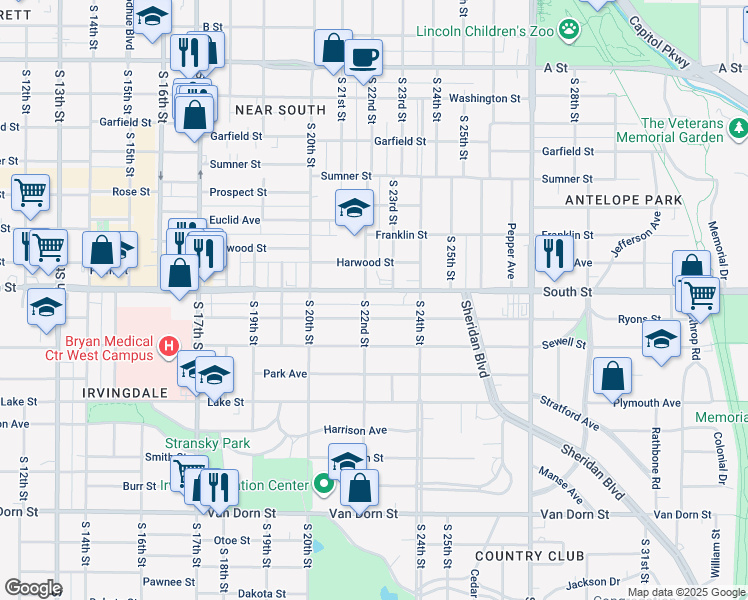map of restaurants, bars, coffee shops, grocery stores, and more near 2248 Ryons Street in Lincoln