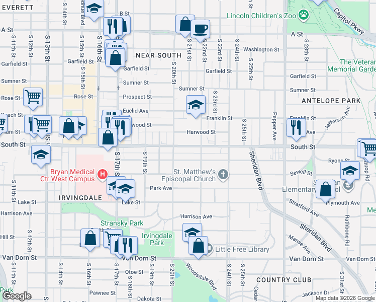 map of restaurants, bars, coffee shops, grocery stores, and more near 2133 South 22nd Street in Lincoln