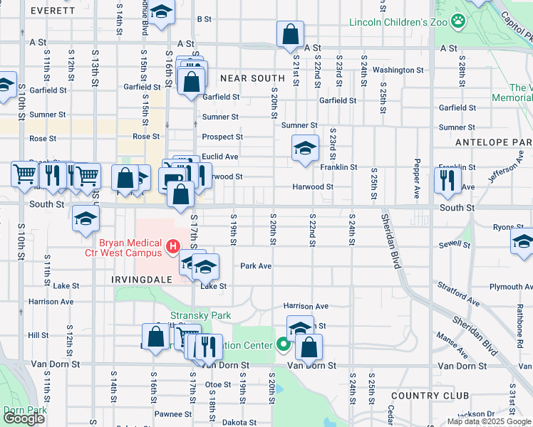map of restaurants, bars, coffee shops, grocery stores, and more near 1950 Ryons Street in Lincoln