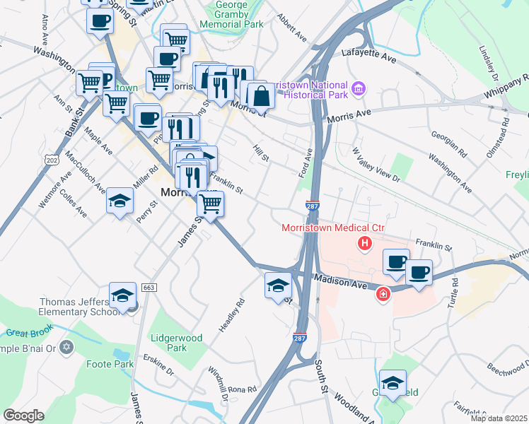 map of restaurants, bars, coffee shops, grocery stores, and more near 17 Hamilton Road in Morristown