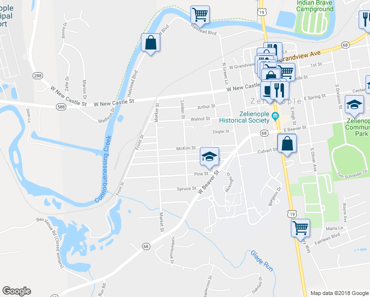 map of restaurants, bars, coffee shops, grocery stores, and more near 600 Linden Street in Zelienople