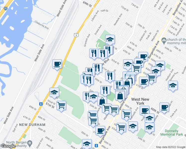map of restaurants, bars, coffee shops, grocery stores, and more near 5915 John F. Kennedy Boulevard in North Bergen