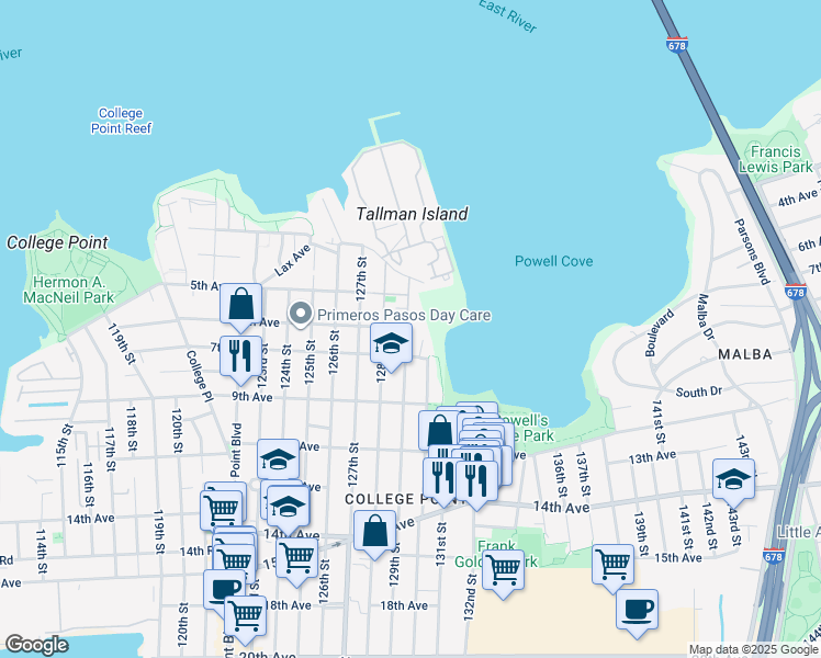 map of restaurants, bars, coffee shops, grocery stores, and more near 6-16 129th Street in Queens