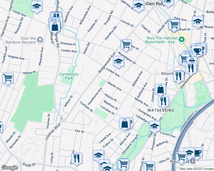 map of restaurants, bars, coffee shops, grocery stores, and more near 356 Maolis Avenue in Glen Ridge