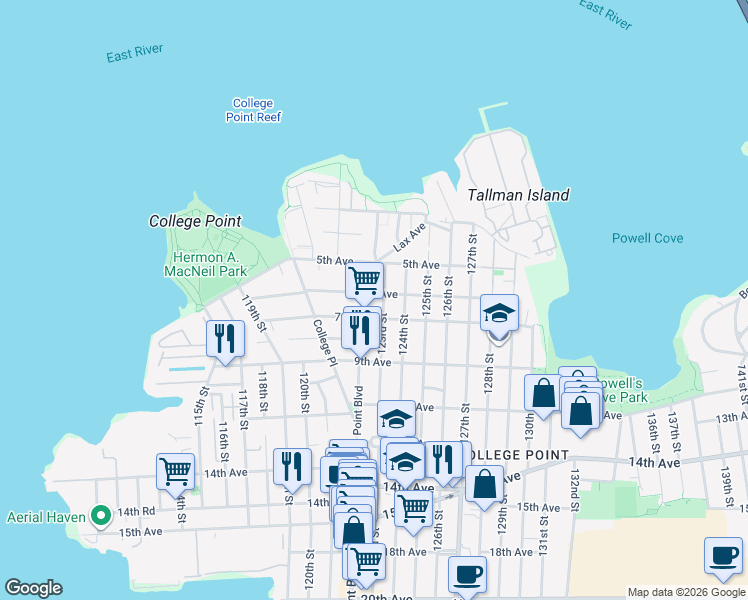 map of restaurants, bars, coffee shops, grocery stores, and more near in Queens