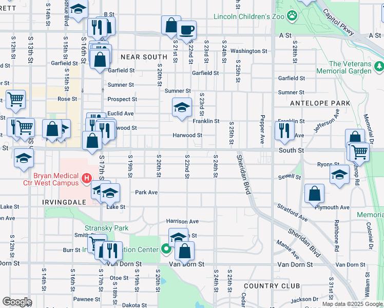 map of restaurants, bars, coffee shops, grocery stores, and more near 2248 Ryons Street in Lincoln