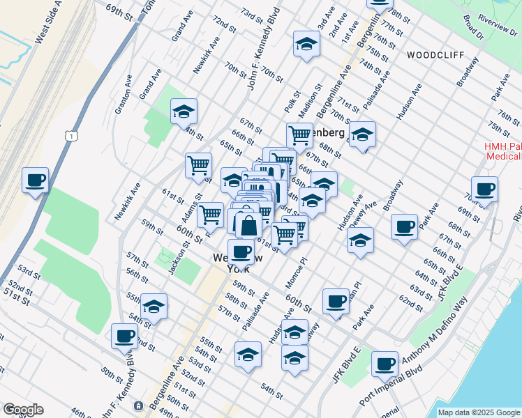 map of restaurants, bars, coffee shops, grocery stores, and more near in West New York