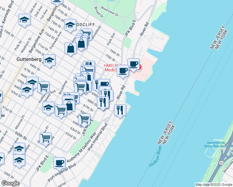map of restaurants, bars, coffee shops, grocery stores, and more near 7002 Boulevard East in West New York