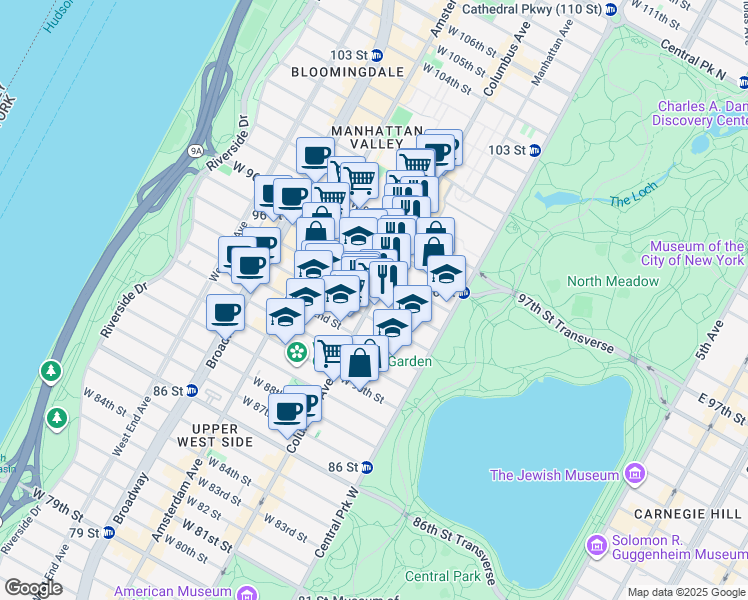 map of restaurants, bars, coffee shops, grocery stores, and more near 100 West 94th Street in New York