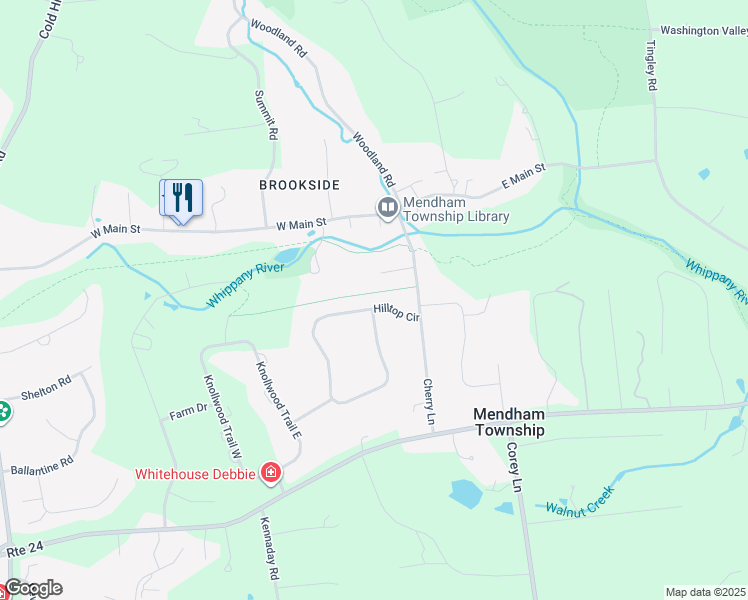 map of restaurants, bars, coffee shops, grocery stores, and more near 7 Hilltop Circle in Mendham Township