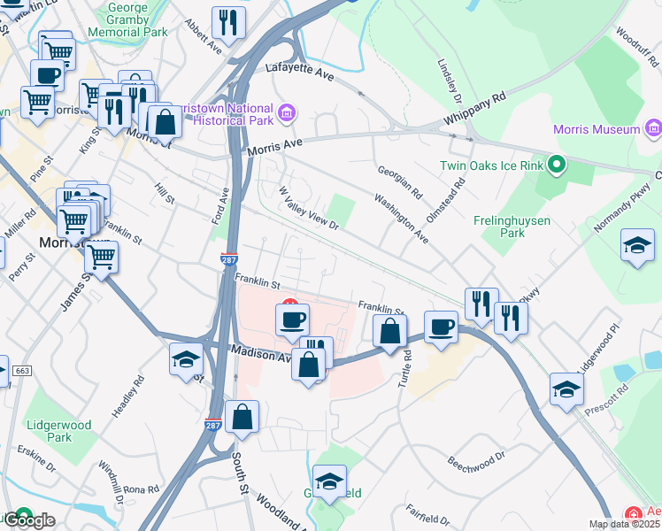 map of restaurants, bars, coffee shops, grocery stores, and more near 17 Dekalb Place in Morristown