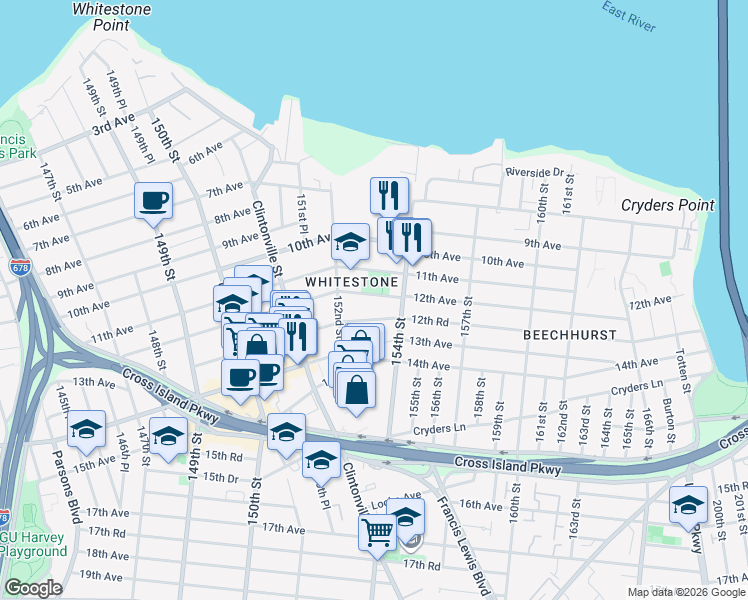 map of restaurants, bars, coffee shops, grocery stores, and more near 152-29 12th Road in Queens
