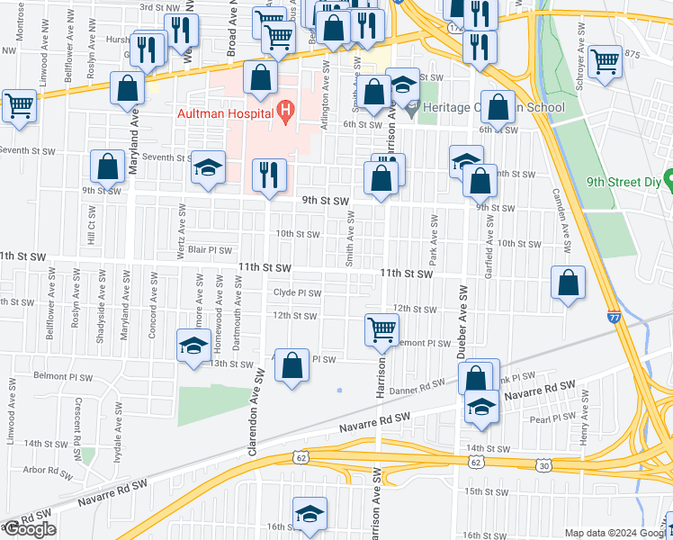 map of restaurants, bars, coffee shops, grocery stores, and more near 2312 11th Street Northwest in Canton