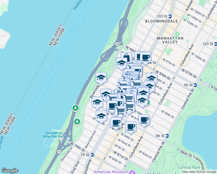 map of restaurants, bars, coffee shops, grocery stores, and more near 304 West 89th Street in New York
