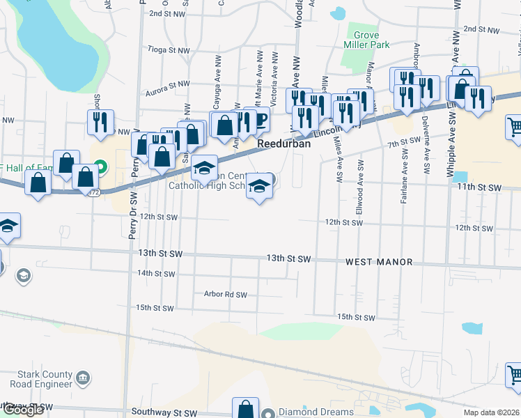map of restaurants, bars, coffee shops, grocery stores, and more near 4824 Tuscarawas Street West in Canton