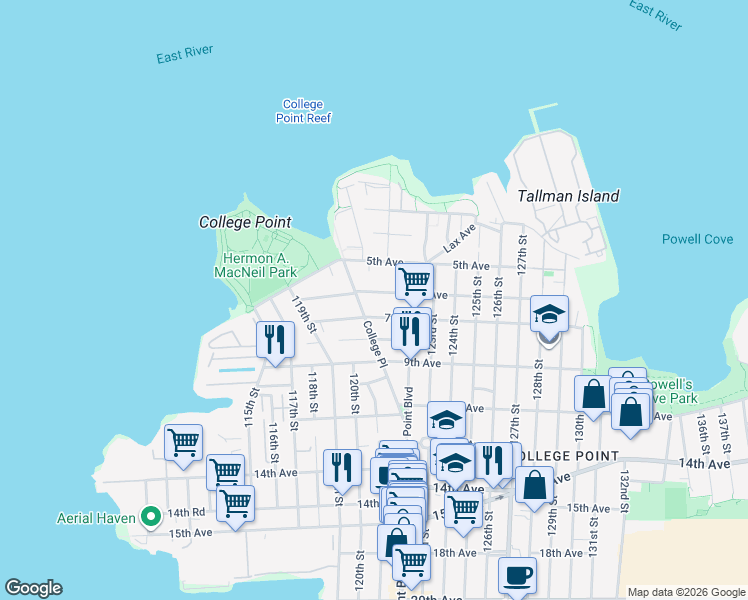 map of restaurants, bars, coffee shops, grocery stores, and more near 121-29 7th Avenue in Queens