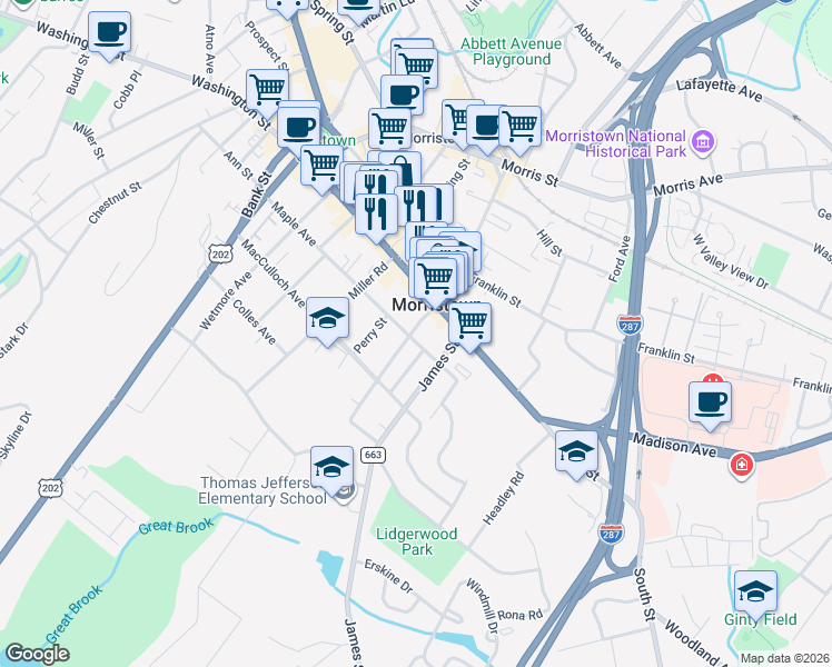 map of restaurants, bars, coffee shops, grocery stores, and more near 114 Maple Avenue in Morristown