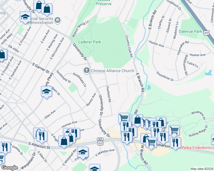 map of restaurants, bars, coffee shops, grocery stores, and more near 1301 Penfield Road in State College