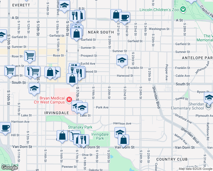 map of restaurants, bars, coffee shops, grocery stores, and more near 1979 South Street in Lincoln
