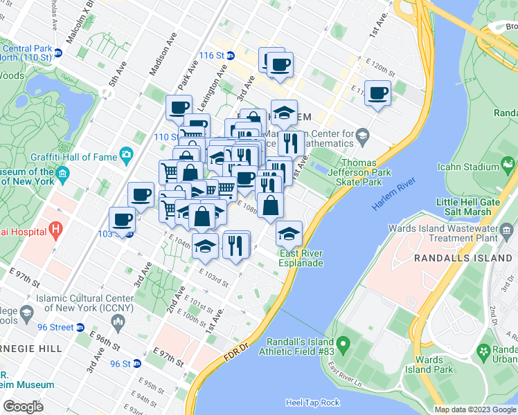 map of restaurants, bars, coffee shops, grocery stores, and more near 327 East 108th Street in New York