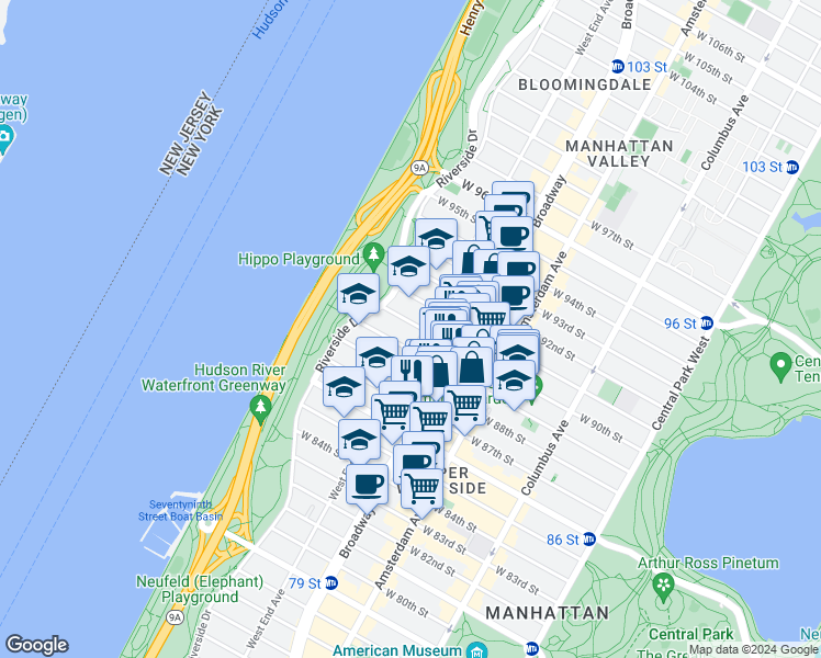 map of restaurants, bars, coffee shops, grocery stores, and more near 302 West 90th Street in New York