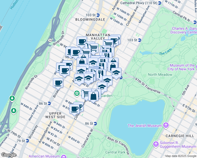 map of restaurants, bars, coffee shops, grocery stores, and more near 90 West 94th Street in New York