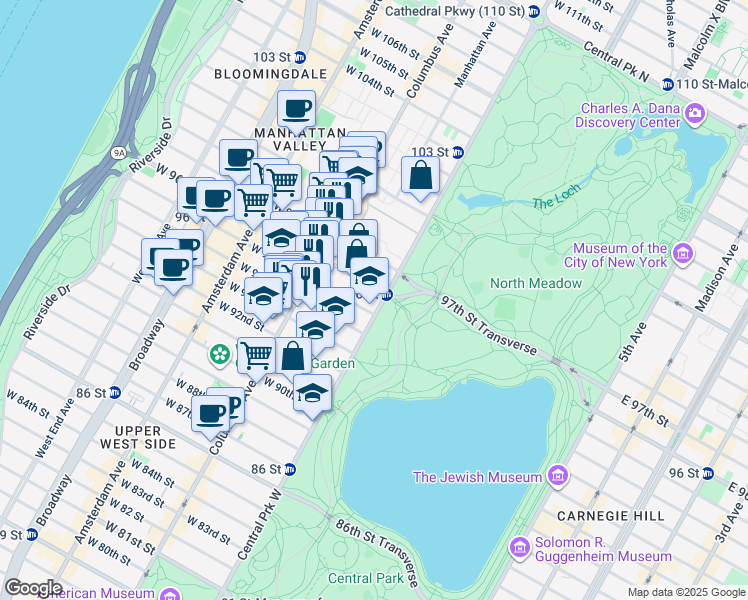 map of restaurants, bars, coffee shops, grocery stores, and more near 360 Central Park West in New York
