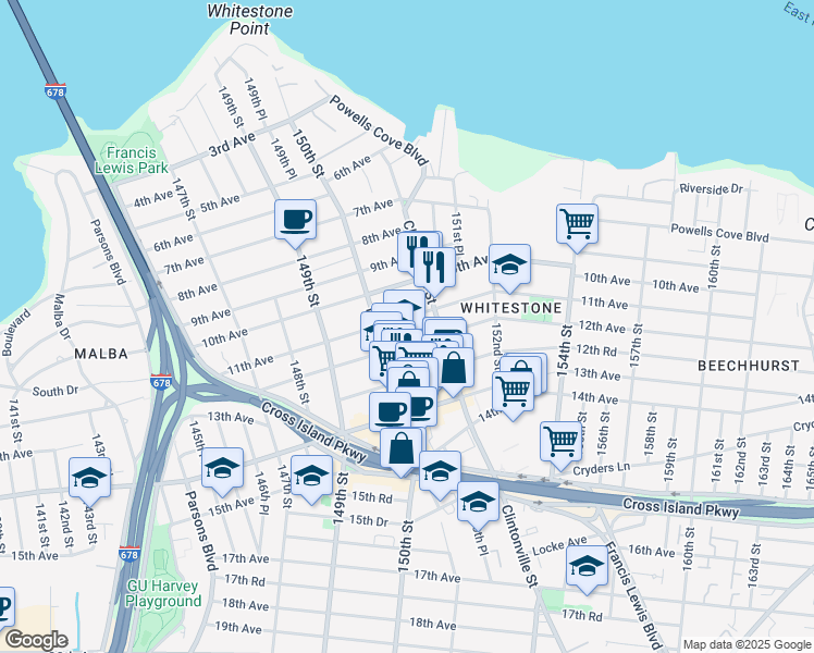 map of restaurants, bars, coffee shops, grocery stores, and more near 150-31 12th Avenue in Queens