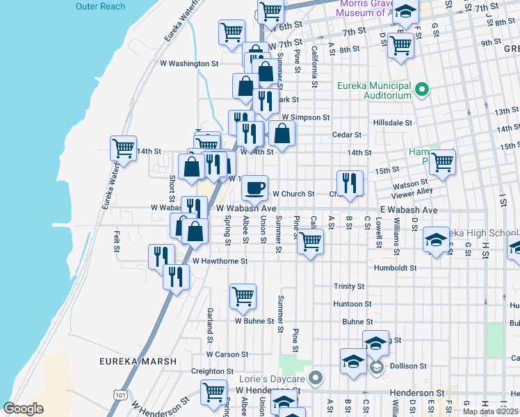map of restaurants, bars, coffee shops, grocery stores, and more near 316 West Del Norte Street in Eureka