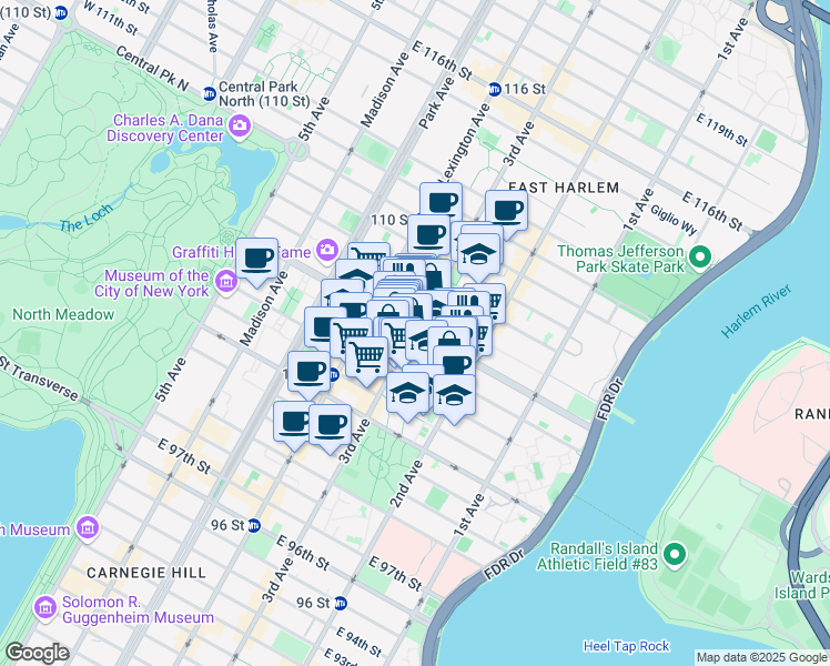 map of restaurants, bars, coffee shops, grocery stores, and more near 218 East 106th Street in New York